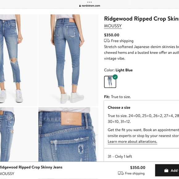 MOUSSY VINTAGE Ridgewood Ripped Crop Skinny Jeans Japanese Denim in Medium Blue - Picture 12 of 12